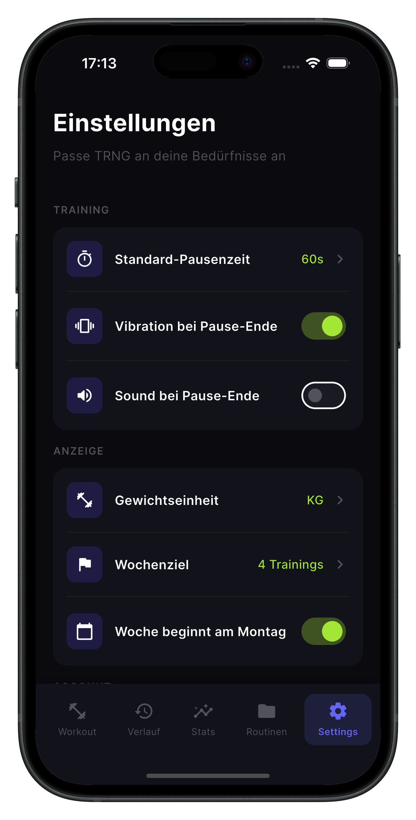 TRNG Training Screen